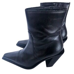Mango Black Leather Pointed Toe Mid-Calf Heeled Boots